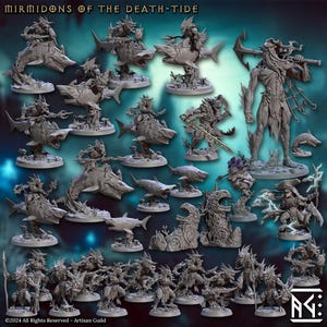 May include: A collection of grey miniature figurines titled Mirmidons of the Death-Tide, featuring aquatic warriors, shark riders, a large trident-wielding figure, and various sea creatures on circular bases, all displayed against a dark blue background.