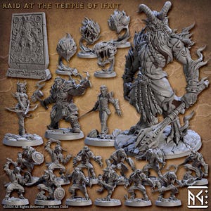 Può includere: Una collezione di miniature da gioco da tavolo in resina grigia intitolata Raid at the Temple of Ifrit. Il set include una grande figura di demone cornuto con una mazza, vari guerrieri umanoidi, arcieri e piccole creature di fuoco.