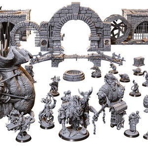 May include: A collection of grey miniature figurines and stone-textured terrain pieces, including a large rat-like creature carrying a sack, various humanoid characters, a stone archway, a water wheel, and ruined wall sections for tabletop gaming.