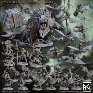 以下が含まれることがあります： Lizardmen of Falgor Swampと題されたグレーのレジン製ミニチュアフィギュアのコレクション。中央の大きなトカゲのクリーチャー、スタンドに乗った翼のあるトカゲの騎兵、槍と盾を持った歩兵戦士、そして石造りのピラミッド構造が含まれています。