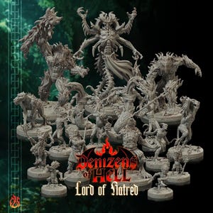 Puede incluir: Una colección de miniaturas de resina gris sin pintar para juegos de mesa que representan varias criaturas demoníacas y monstruos. El texto central dice Denizens of Hell Lord of Hatred en una fuente estilizada roja y blanca sobre fondo oscuro.