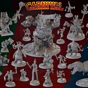 May include: A collection of grey miniature figurines featuring various orc characters, carnival performers, and dinosaurs. The set includes figures with weapons, banners, and detailed armor, displayed against a split green, red, and blue background.