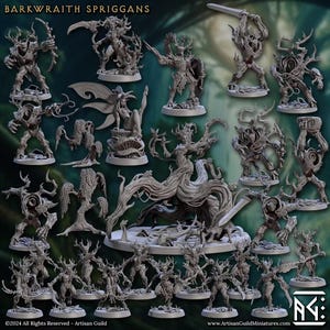 May include: A collection of grey resin tabletop miniatures titled BARKWRAITH SPRIGGANS. The set features various humanoid tree-like creatures, some with wings, antlers, or weapons, standing on circular bases. Text includes BARKWRAITH SPRIGGANS and Artisan Guild.