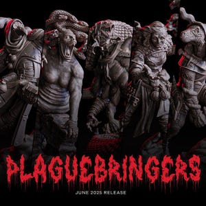 May include: A collection of five grey fantasy character figurines featuring a plague doctor, a snake-haired creature, a reptilian monster, a scarred humanoid, and a lizard-like warrior. The text PLAGUEBRINGERS JUNE 2025 RELEASE appears in red.