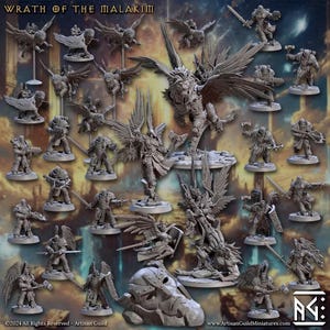 Puede incluir: Una colección de figuras de fantasía en miniatura de color gris titulada WRATH OF THE MALAKIM, que incluye leones alados, guerreros blindados con espadas, escudos y martillos, y un gran león alado central sobre un fondo oscuro.