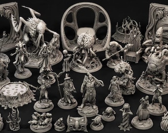 May include: A collection of grey, unpainted resin tabletop gaming miniatures featuring various fantasy creatures, humanoid figures, and architectural terrain pieces. The set includes tentacled monsters, a brain-like entity, and detailed scenery.