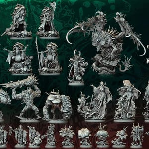 Op de afbeelding: Een verzameling grijze fantasy-miniatuurfiguurtjes met diverse demonische en monsterlijke wezens met complexe details, waaronder gevleugelde beesten, mensachtige figuren en plantachtige entiteiten, gelabeld met Tome of Demons Vol IV.