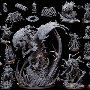 Peut inclure: Une collection de figurines de jeu de plateau en résine grise non peintes représentant diverses créatures fantastiques, des monstres et des personnages humanoïdes dans des poses dynamiques, dont une grande bête ailée et un être cornu.
