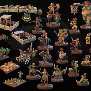 以下が含まれることがあります： June 2023 Release: Hobbitdale An Unexpected Encounterとラベル付けされた、ミニチュアのファンタジーフィギュアと地形パーツのコレクション。このセットには、丸い台座に乗った様々なキャラクター、動物、農場の建物、畑、食べ物のアイテムが含まれています。
