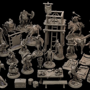Pode incluir: Uma coleção de figuras em miniatura e peças de terreno cinzentas sem pintura para jogos de tabuleiro, incluindo tendas, uma carroça de madeira, uma torre de vigia, vários guerreiros humanoides, cavaleiros, uma besta e acessórios de acampamento.