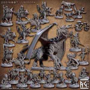 May include: A collection of grey miniature fantasy figurines labelled DEEPROOT LURIKEEN, featuring a large central dragon, various mounted riders on wolf-like creatures, standing humanoid figures with staffs and weapons, and small mushroom clusters.