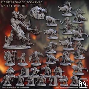 Peut inclure: Une collection de figurines miniatures en résine grise intitulée Magmaforged Dwarves of the Depths. L'ensemble comprend un grand guerrier central, divers fantassins nains en armure avec des haches et des canons, et plusieurs créatures reptiliennes.