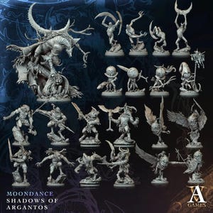 Peut inclure: Une collection de figurines miniatures fantastiques grises représentant diverses créatures, dont une grande bête centrale avec des bois, des êtres ailés et des guerriers humanoïdes. Le texte "MOONDANCE SHADOWS OF ARGANTOS" et un logo "A" sont visibles.