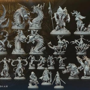 May include: A collection of grey miniature fantasy figurines from Sandstorm Dreams of Ammon Diah, featuring a large central tentacled creature, various armored warriors, monstrous beasts, and humanoid figures on circular bases, all displayed together.