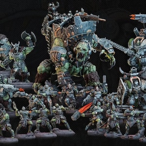 Può includere: Una collezione di miniature fantasy dipinte raffiguranti guerrieri dalla pelle verde in armatura metallica, dotati di varie armi tra cui fucili, asce e spade, con una grande creatura centrale e il testo Ghult Clan.