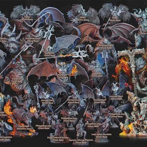 Puede incluir: Una colección de miniaturas de fantasía para juegos de mesa titulada Speak of the Devil Act 1, que presenta varias figuras de demonios con alas, cuernos y armas, incluyendo caballeros montados y una pieza central de un trono sobre bases.