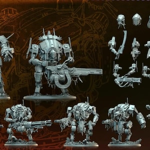 Könnte beinhalten: Eine Sammlung grauer, unbemalter Miniatur-Roboterfiguren und modularer Komponenten mit der Aufschrift Nomad Gods Pilgrimage. Das Set enthält verschiedene zweibeinige Mechs mit detaillierter mechanischer Panzerung, Waffenaufsätzen und austauschbaren Köpfen auf runden Sockeln.