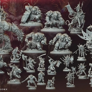 May include: A collection of grey unpainted fantasy miniature figurines featuring various orc warriors, mounted riders, and large monstrous creatures. The set includes the text Orc Legacy Wrath of the Grimskorn and the logo for AV Games in the corners.