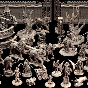 Puede incluir: Una colección de figuras en miniatura de color gris que incluye un carruaje tirado por caballos, varias figuras humanoides, caballos, árboles retorcidos y elementos arquitectónicos góticos, diseñados para juegos de mesa.