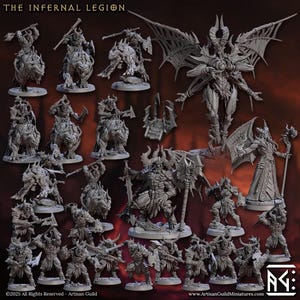 May include: A collection of grey resin miniature figures titled The Infernal Legion, featuring various armored warriors, mounted riders on beast-like creatures, and a large winged demon with horns, all displayed against a dark red background.