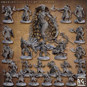 Può includere: Una collezione di miniature grigie intitolata Rodburg Cultists of Melmora, che presenta un'entità centrale alta con una struttura a rete circondata da vari guerrieri corazzati, incantatori e creature che impugnano armi come asce e bastoni.