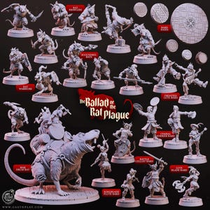 Op de afbeelding: Een verzameling grijze miniatuurfiguren getiteld The Ballad of the Rat Plague, met diverse ratachtige wezens, krijgers en barden met muziekinstrumenten. De set bevat individuele karaktermodellen, ronde basissen en een grote rat.
