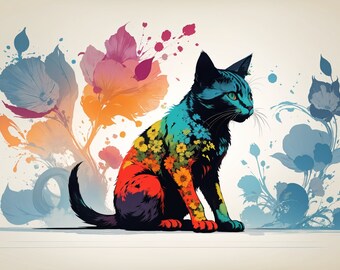 May include: A black cat with a colorful floral pattern on its fur sits against a background of blue and orange watercolor flowers.