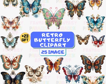 Retro Schmetterling Clipart, beste bunte Schmetterling Clipart Bundle, Aquarell Schmetterling, Schmetterling Png, Schmetterling Clip Art, Floral Schmetterlinge