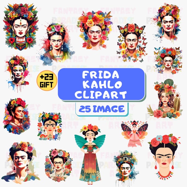Frida Watercolor Cliparts, mexican flowers, floral clipart, feminine clipart, Botanical Frida PNG, Portrait Clipart Bundle, frida kahlo png