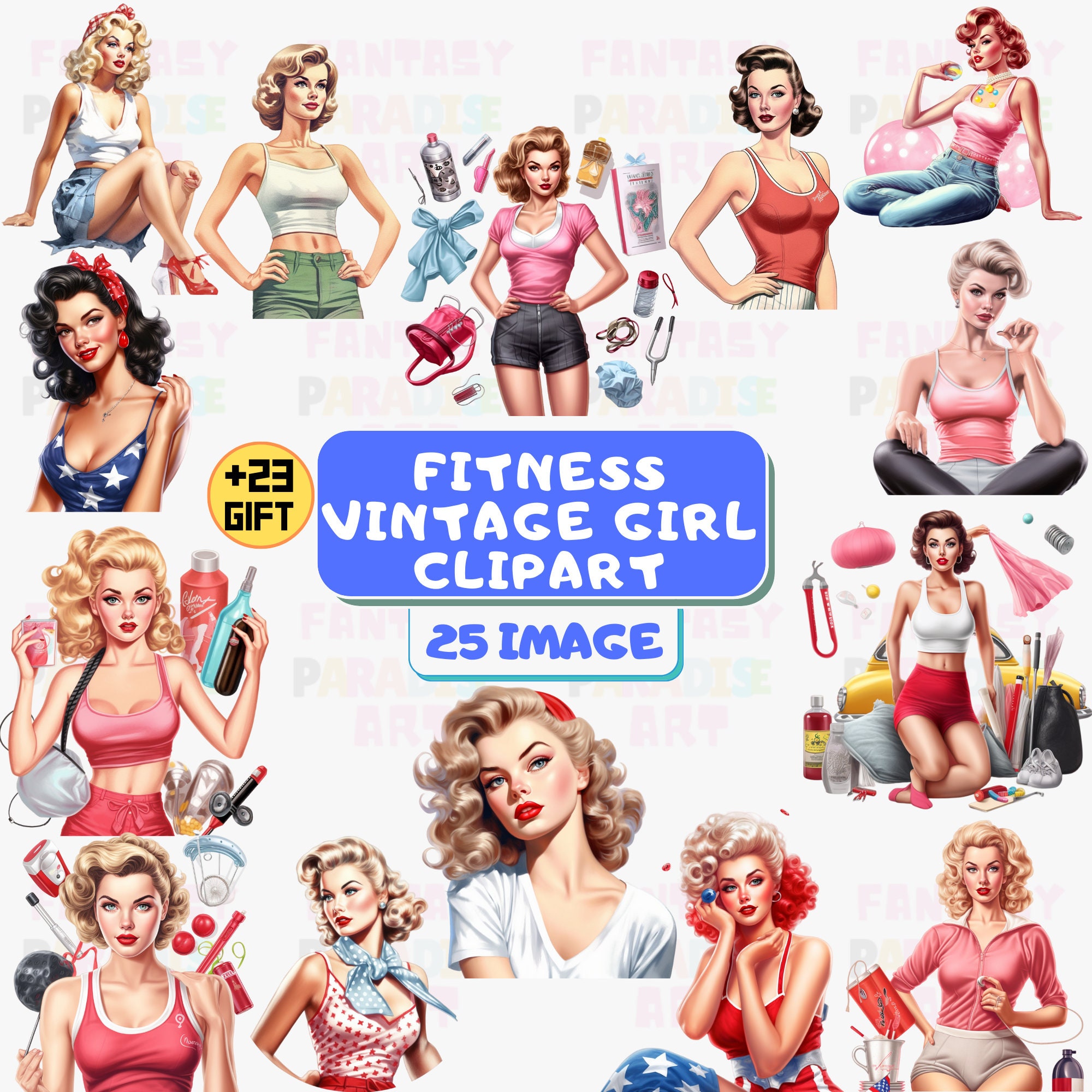 Fitness Vintage Girl Clipart Png Sports Clothes Clipart Etsy