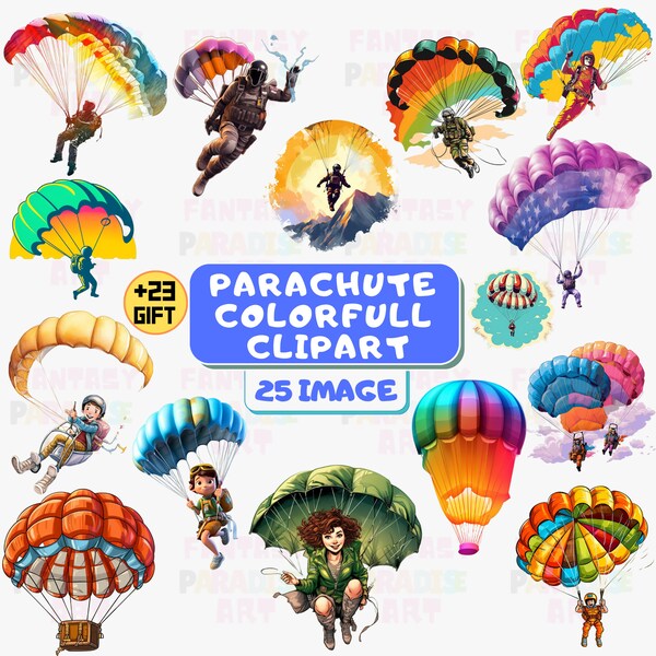 Parachute Colorful Clipart, Parachuting Digital ClipArt, Cute Watercolor Paragliding Scenes, Sky Diving Clipart, Scrapbooking, Adventure PNG