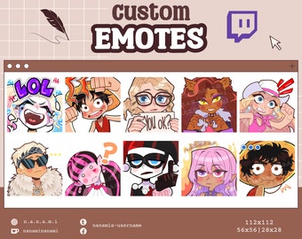Può includere: Una collezione di nove emoticon Twitch personalizzate con vari personaggi dei cartoni animati con diverse espressioni. Le emoticon sono visualizzate in una griglia su uno schermo di computer. Le emoticon sono di varie dimensioni, la più grande è di 112x112 pixel e la più piccola è di 28x28 pixel.