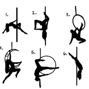May include: Black silhouette illustrations of aerial and pole dance poses. The image features six different poses, including figures on a pole, a hoop, and a crescent-shaped apparatus. The figures are in various positions, showcasing flexibility and strength.