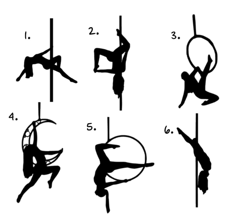 May include: Black silhouette illustrations of aerial and pole dance poses. The image features six different poses, including figures on a pole, a hoop, and a crescent-shaped apparatus. The figures are in various positions, showcasing flexibility and strength.