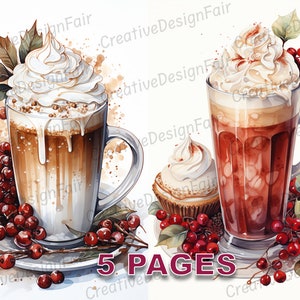 Christmas Coffee Hot Chocolate Postcard Ephemera Junk Journal Watercolor Clipart Vintage Commercial License Printable Instant Download A788