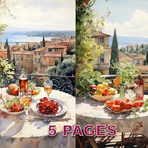 Italian Lunch On Terrace Postcard Ephemera Junk Journal Victorian Watercolor Card Commercial License Printable Instant Download Italy A662