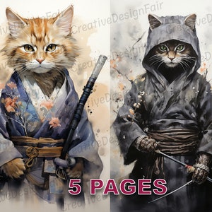 Japanische Katzen im Kimono Ninja Viktorianische Postkarte Ephemera Junk Journal Vintage Aquarell Kommerzielle Lizenz Printable Digital Download A804