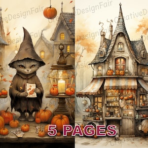Victorian Halloween Postcard Ephemera Junk Journal Vintage Watercolor Elements Commercial License Printable Instant Download Pumpkin A630
