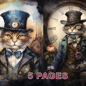 Steampunk Cat Victorian Postal Ephemera Junk Journal Vintage Acuarela Licencia Comercial Imprimible Descarga Digital Dibujos Animados Lindo A836