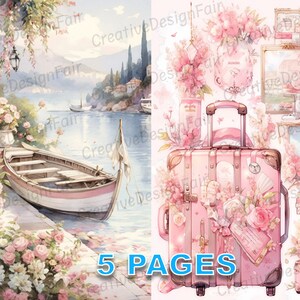 Carte postale de voyage rose Ephemera Junk Journal Éléments de carte aquarelle victorienne Licence commerciale imprimable Téléchargement instantané France Italie A44
