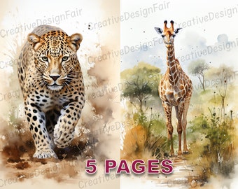 Safari animaux éphémères carte postale Junk Journal carte aquarelle Clipart licence commerciale imprimable téléchargement instantané tigre Lion girafe A974