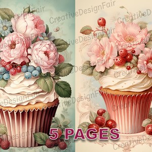 Vittoriano Cupcake Fiori Dessert Cartolina Ephemera Junk Journal Vintage Acquerello Licenza commerciale Stampabile Download digitale Torta A576