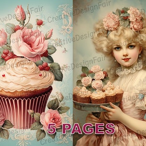 Vittoriano Cupcake Fiori Dessert Cartolina Ephemera Junk Journal Vintage Acquerello Licenza commerciale Stampabile Download digitale Torta A575