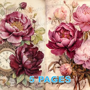 Bourgogne Pivoine Fleurs Carte postale Ephemera Junk Journal Victorien Aquarelle Éléments Licence commerciale Imprimable Téléchargement instantané A409