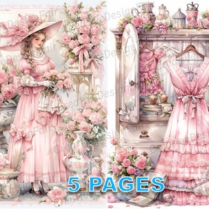 Rosa moda cartolina Ephemera Junk Journal vittoriano acquerello elementi licenza commerciale stampabile download digitale abito vittoriano A52