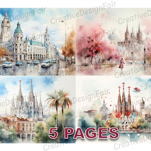 Spanje reizen briefkaart Ephemera Junk Journal Victoriaanse aquarel kaart commerciële licentie afdrukbare digitale download Madrid Barcelona A1001