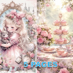 Alice no país das maravilhas Cartão postal Ephemera Junk Journal Victorian Watercolor Clipart Elements Licença comercial para impressão Download instantâneo A20