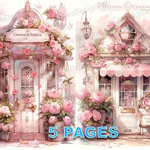 Cartão postal rosa flor loja efêmera lixo diário vitoriano aquarela elementos cartão licença comercial para impressão download instantâneo casa a76