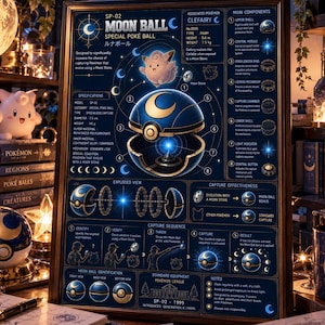 Op de afbeelding: Een ingelijste technische poster getiteld Moon Ball SP-02, met een gedetailleerd opengewerkt beeld van een blauw en goud bolvormig apparaat. De print bevat specificaties, vangsequentiediagrammen en labels in het Engels en Japans.