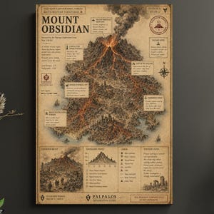 Op de afbeelding: Een rechthoekige kaartafdruk in vintage-stijl met de titel Mount Obsidian, voorzien van een centrale vulkaan met stromende lava, gedetailleerd topografisch terrein, diverse tekstvakken, een legenda en een windroos op een verweerde, verouderde perkamentachtergrond.